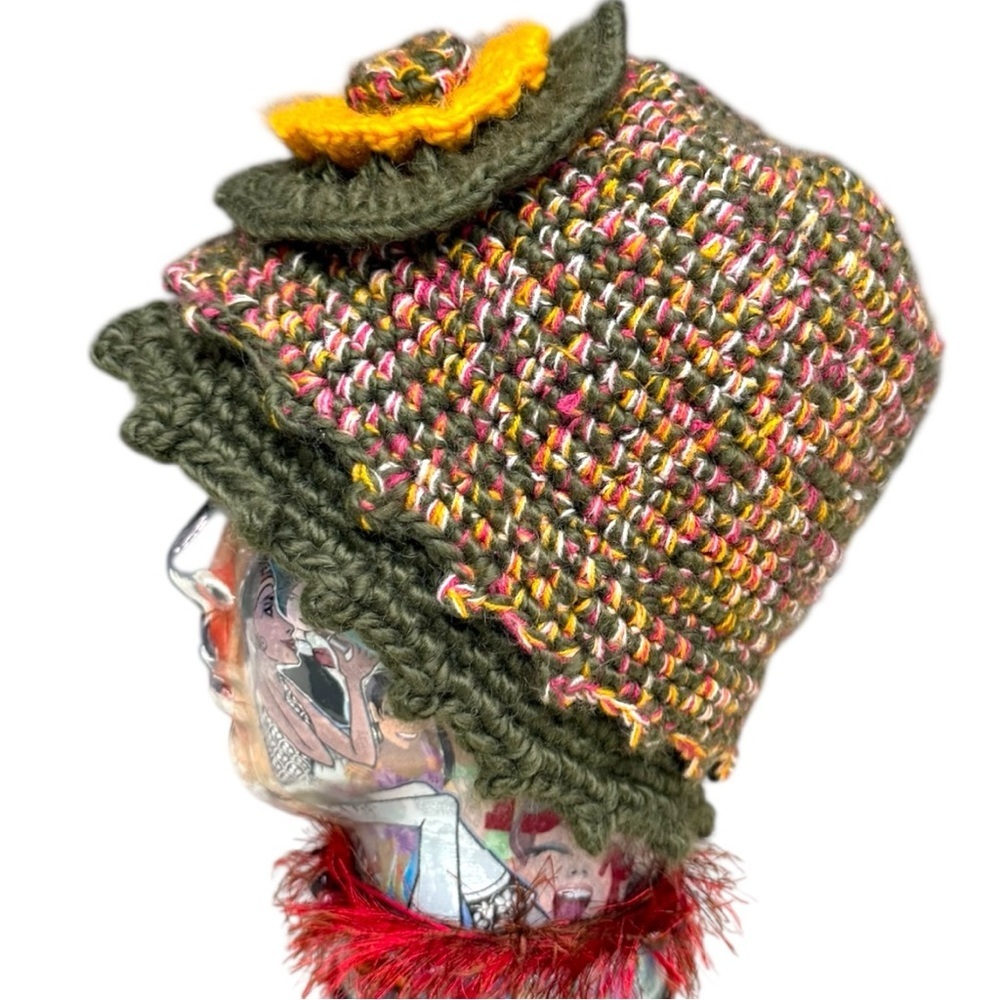 Cute Crochet Flower Hat Multicolor Knit Hat with Vintage Scarf Set Boho Cottage - Picture 4 of 10